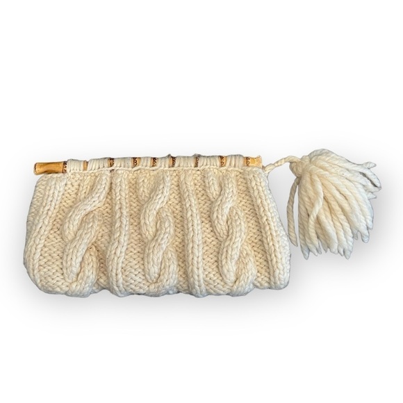 Handmade Cableknit Sweater Bamboo Handle Tassle Clutch Bag Ivory - Picture 4 of 7